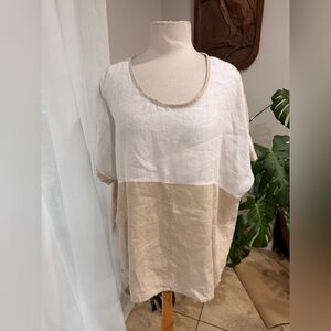Fabulous! NYC Colorblock Linen Top | Beige & White | Size M